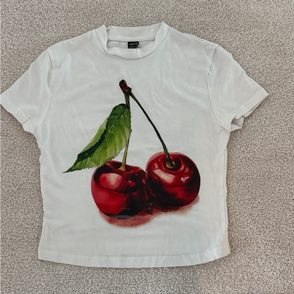SHEIN White Crop Top with Red Cherry Print
